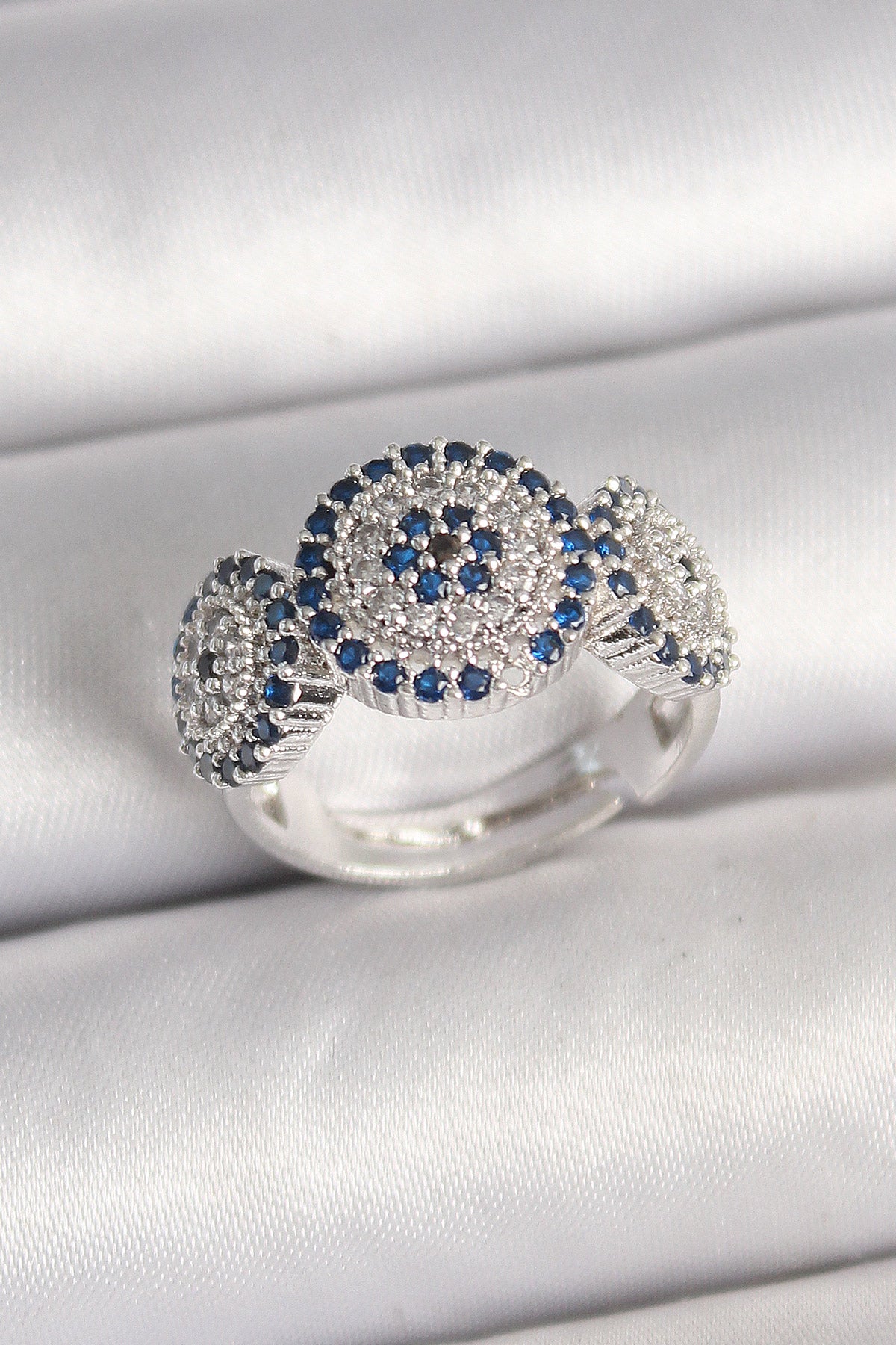 Brass Silver Color Zircon Stone Evil Eye Bead Model Adjustable Women's Ring