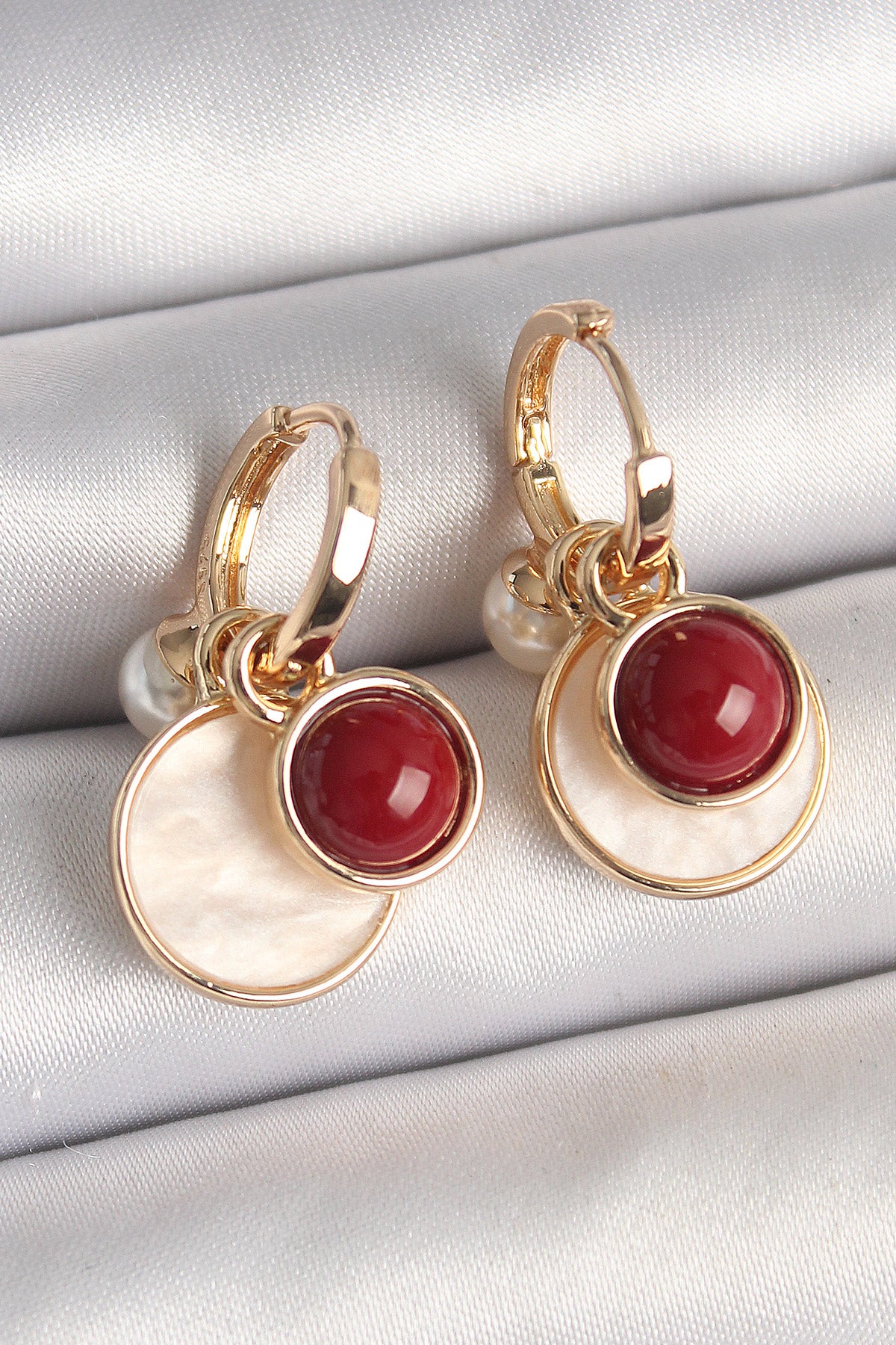 Brass Gold Color Dangle White Enameled Burgundy Detail Women's Earrings