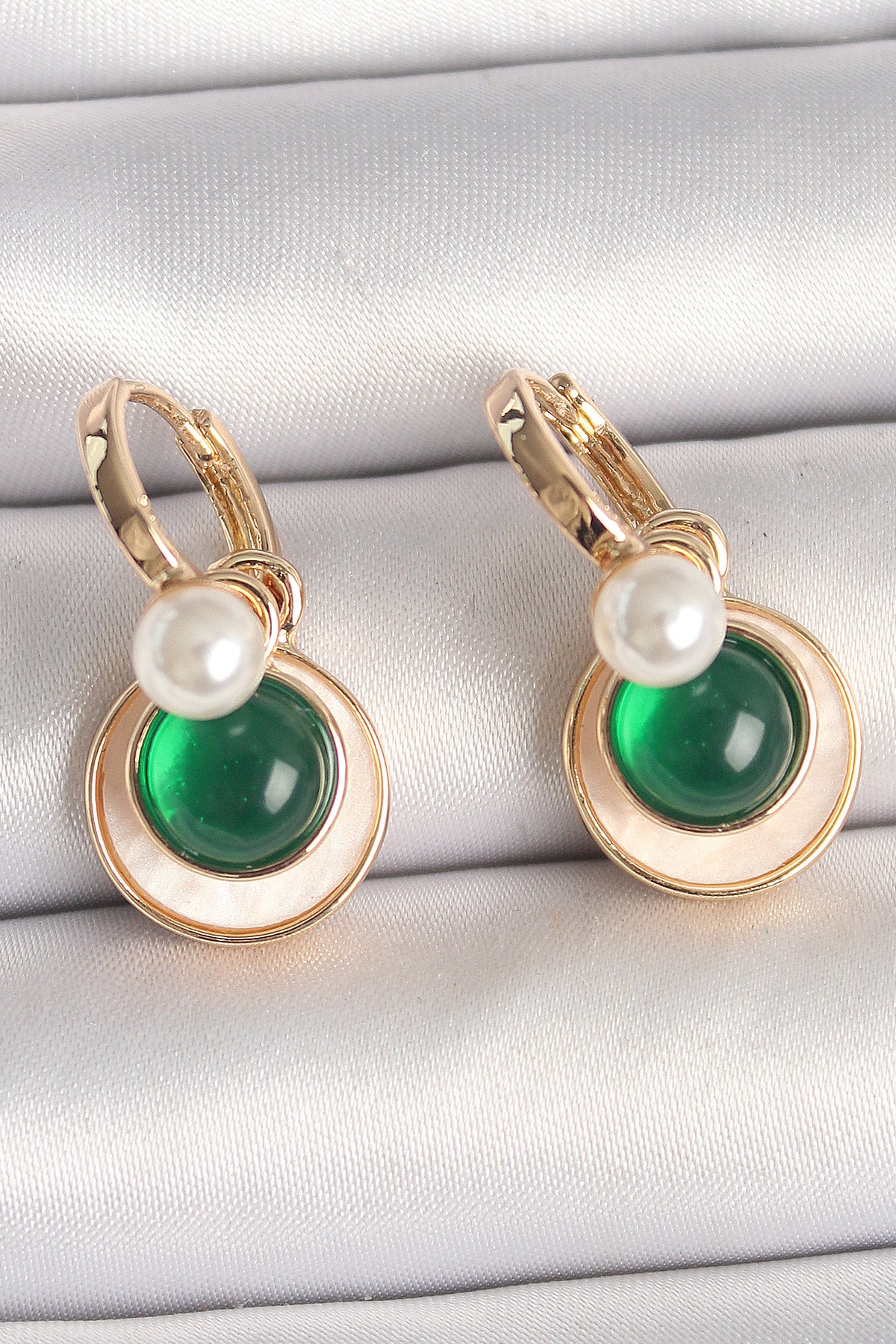 Brass Gold Color White Green Dangle Enamel Women's Earrings
