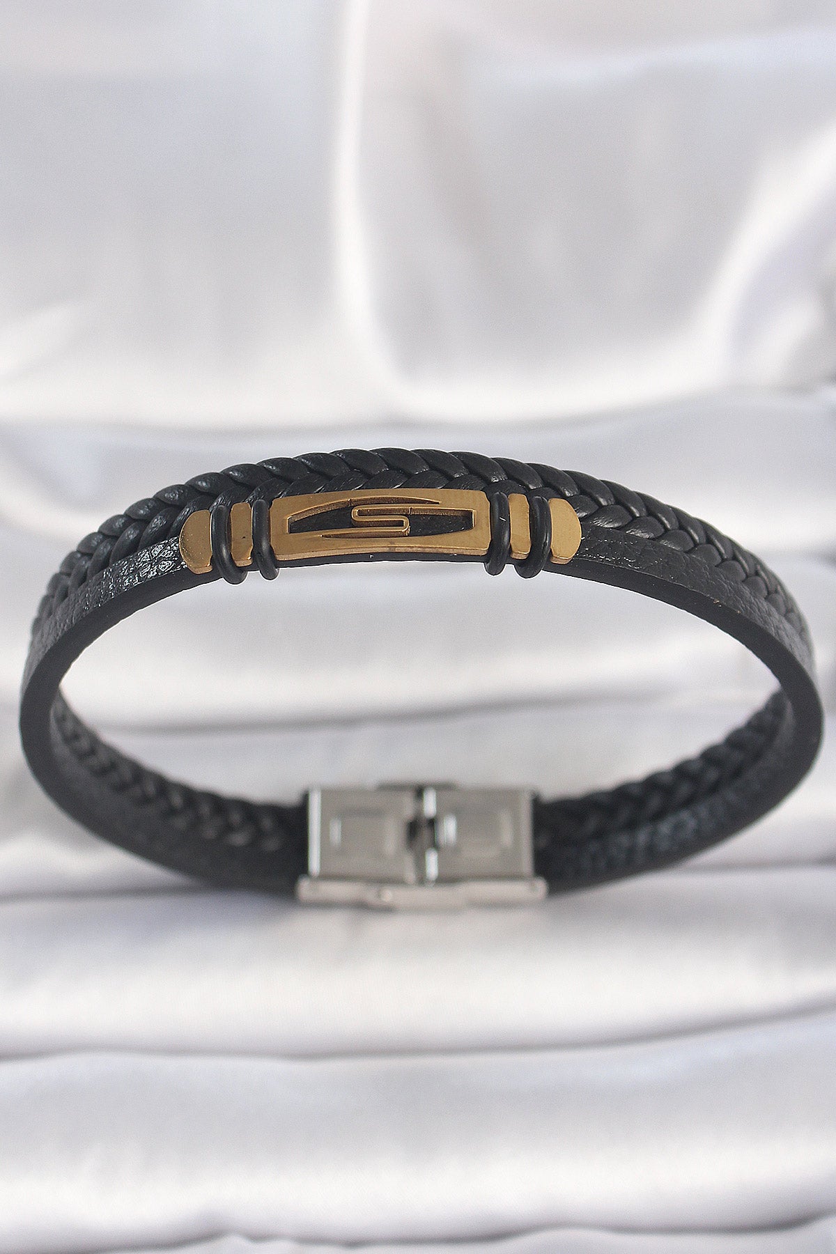 316L Steel Gold Color Accessory Double Row Black Twist Patterned Leather Cord Men's Bracelet