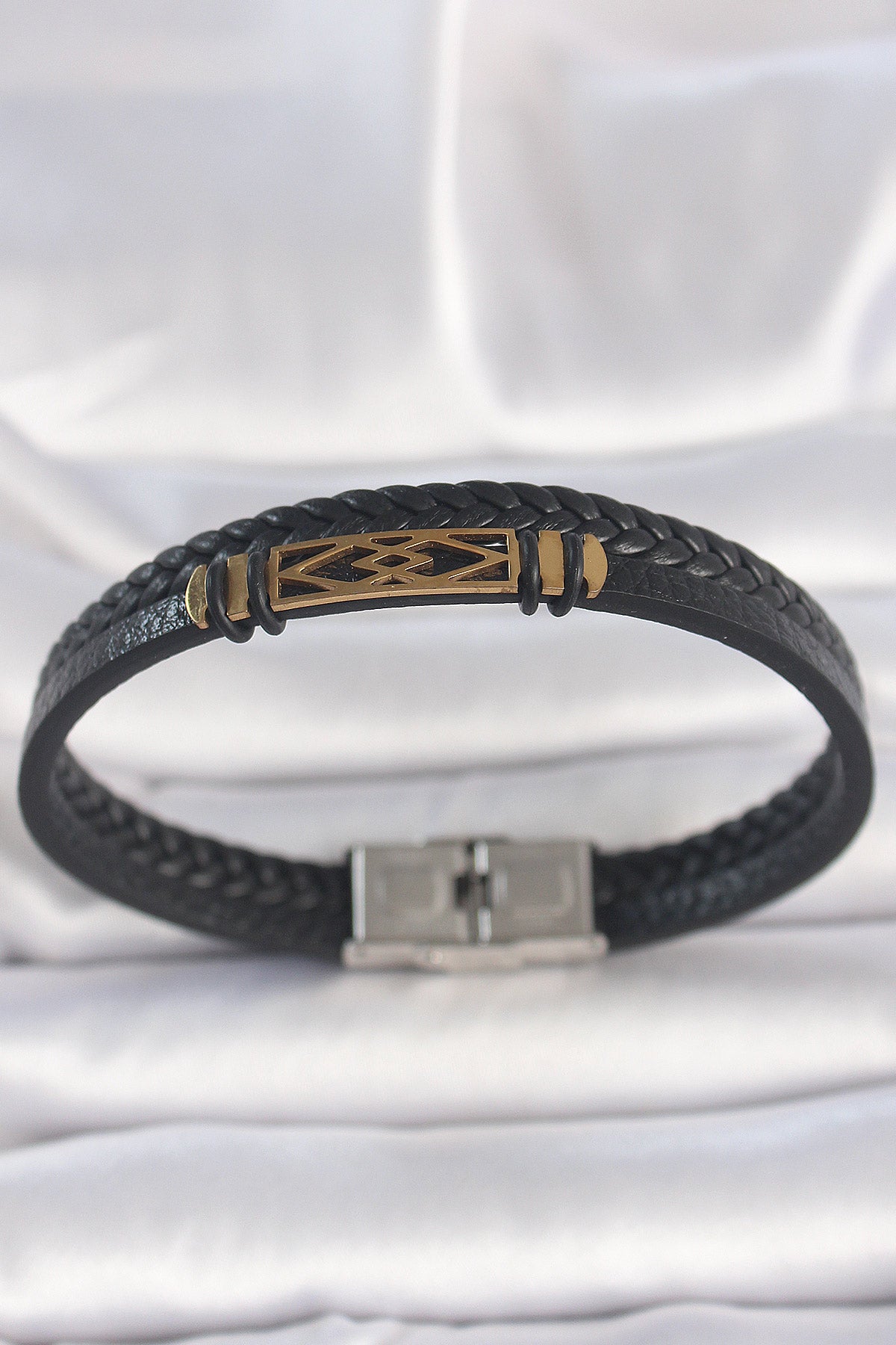 316L Steel Gold Color Accessory Double Row Black Twist Patterned Leather Cord Men's Bracelet