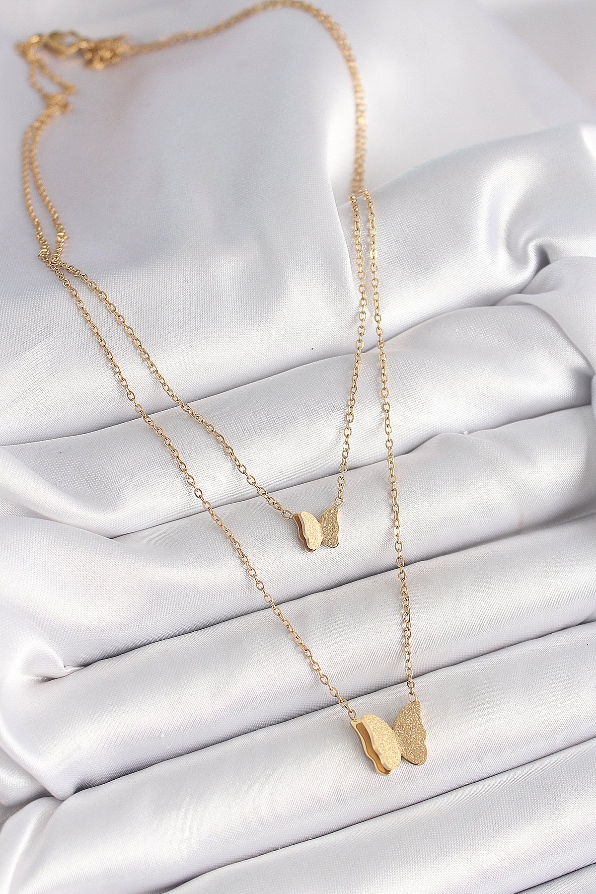 316L Steel Gold Color 2-Piece Glittery Butterfly Model Women's Necklace