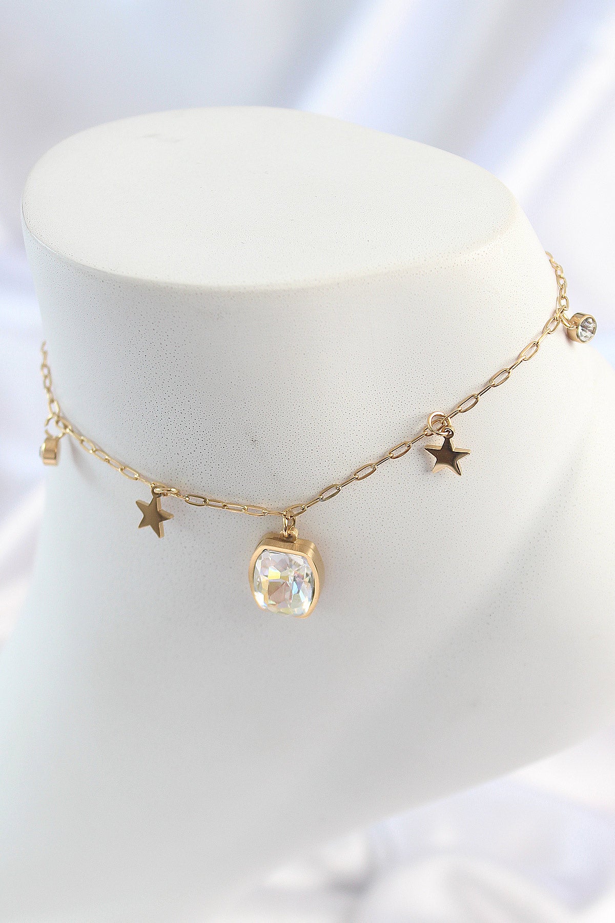 316L Stainless Steel Gold-Tone Star Motif Square Motif Zircon Detail Women's Anklet