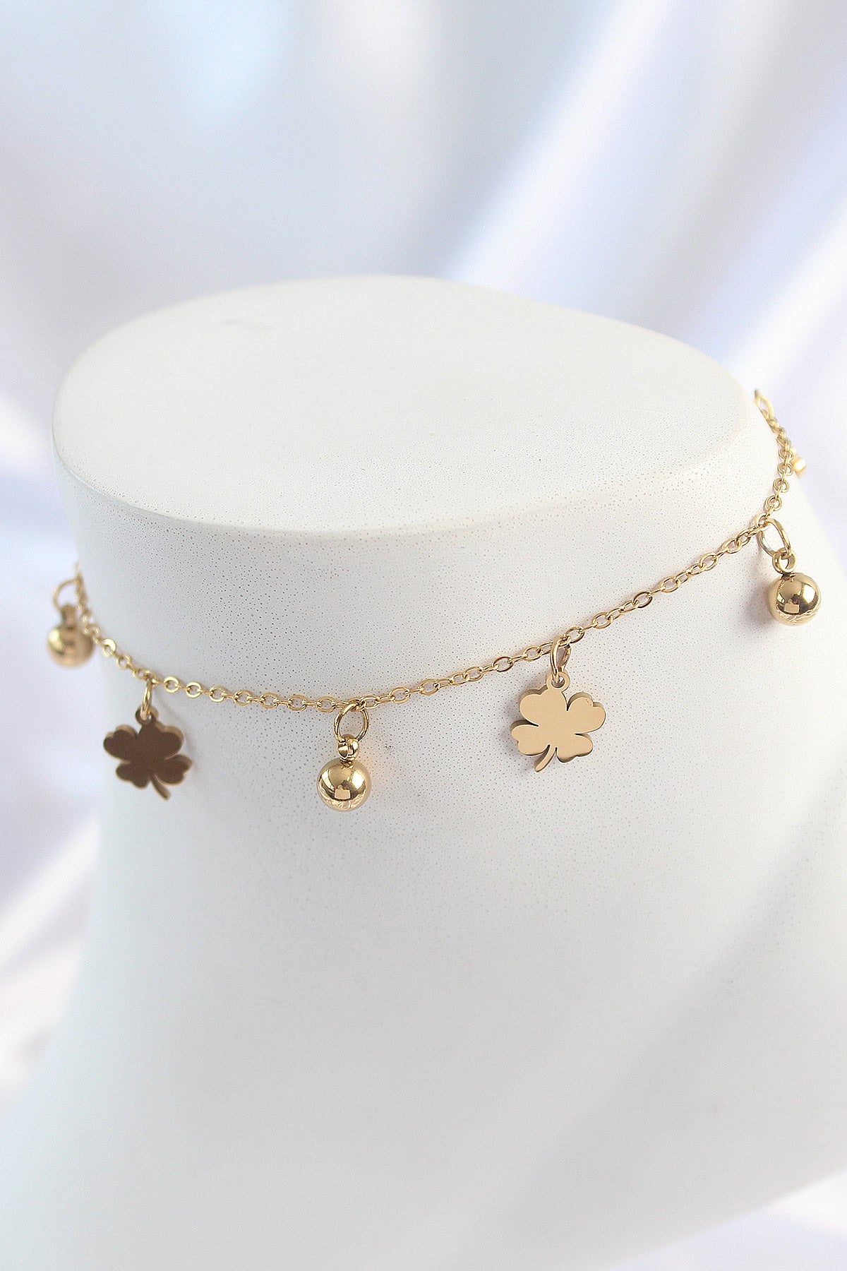 316L Stainless Steel Gold-Tone Clover Charm Anklet
