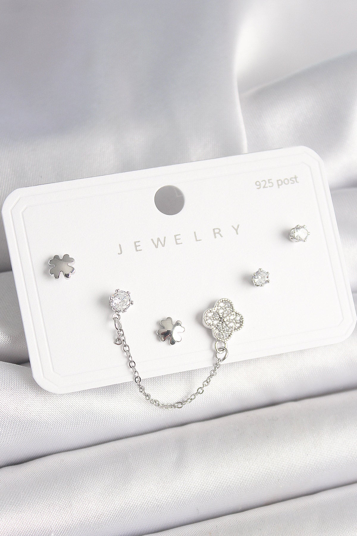 925 Sterling Silver Stud Brass Silver Color Zircon Stone Clover Model Dangle Chain Detail Women's Earring Set