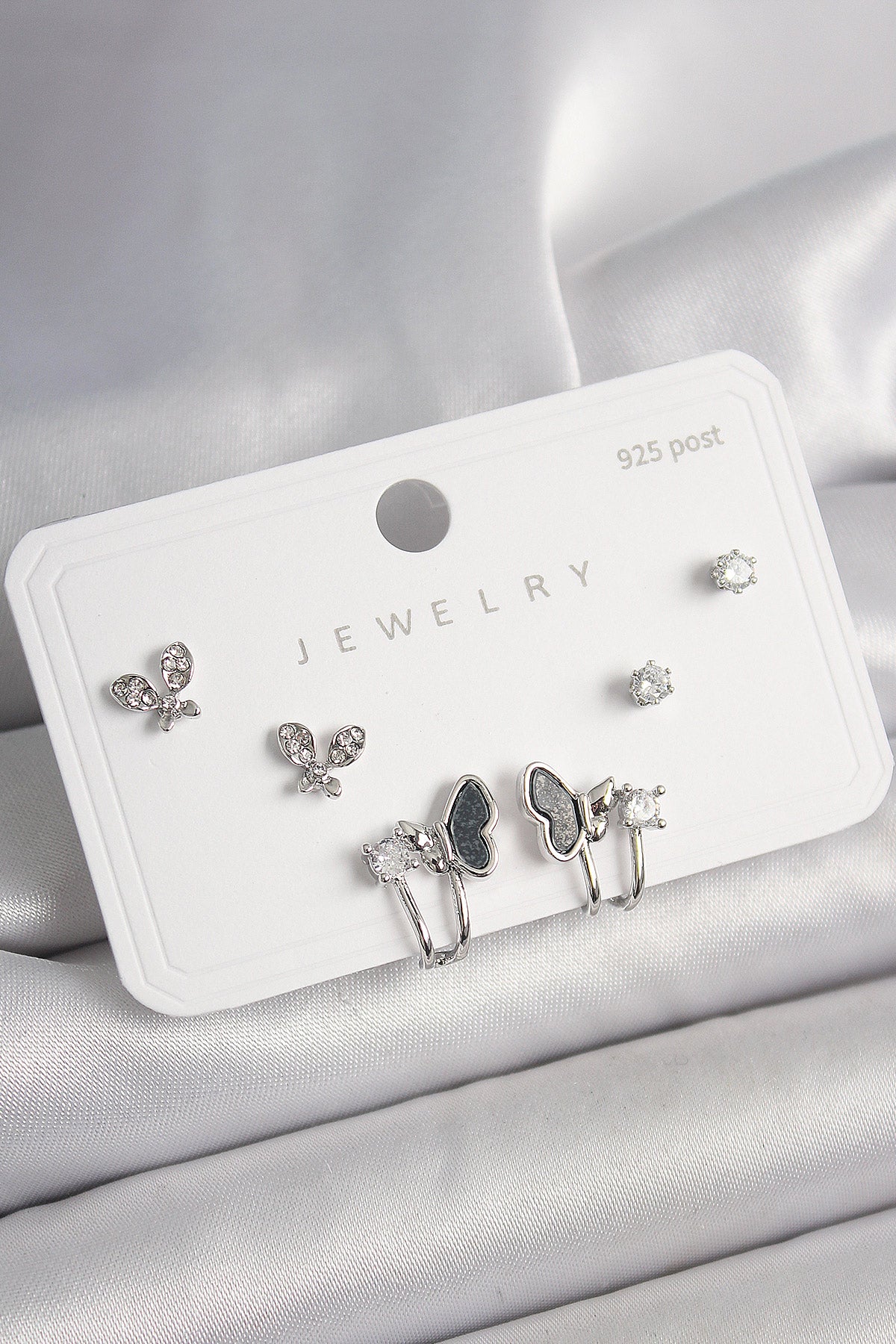 925 Sterling Silver Nail Brass Silver Color Zircon Stone Butterfly Model Women's Earring Set