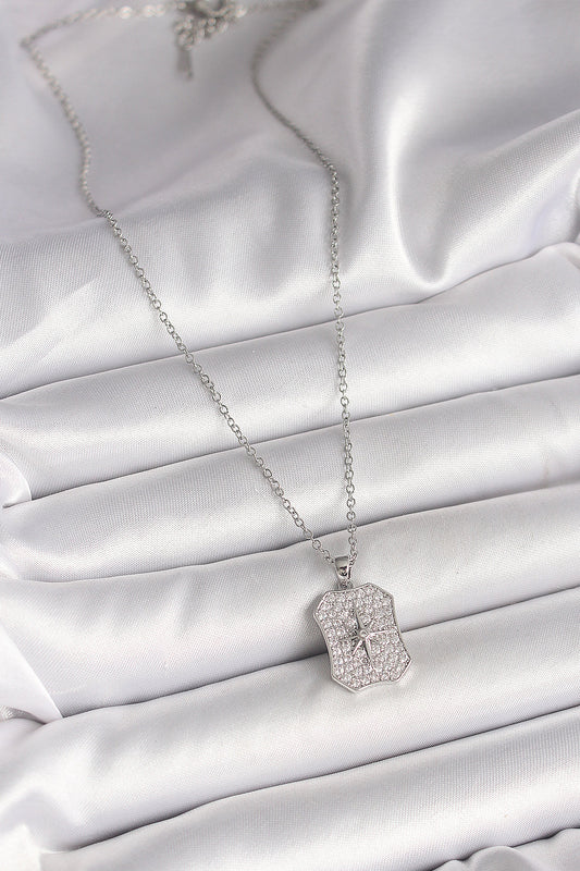 316L Steel Silver Color Chain Zircon Stone Pole Star Embroidered Medallion Model Women's Necklace