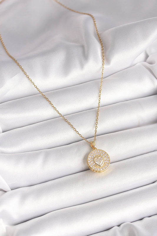 316L Steel Gold Color Chain Medallion Zircon Stone Heart Model Women's Necklace