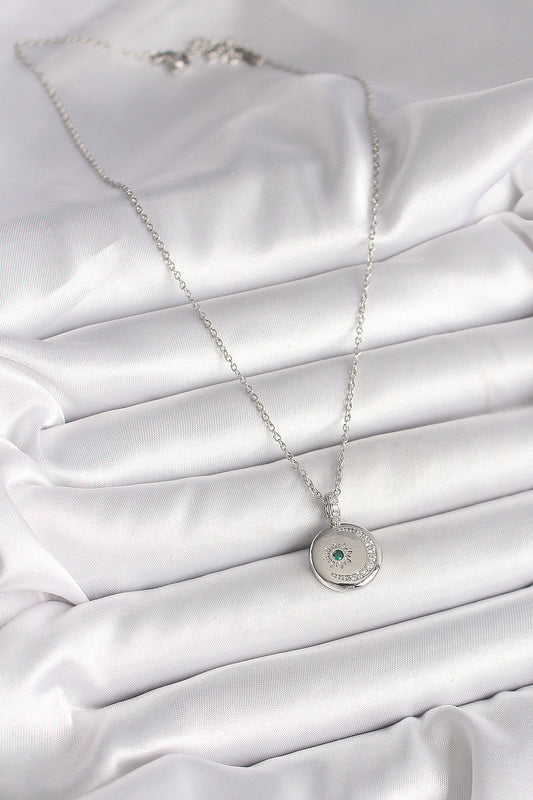 316L Steel Silver Color Chain Medallion Zircon Stone Embroidered Crescent Star Model Women's Necklace