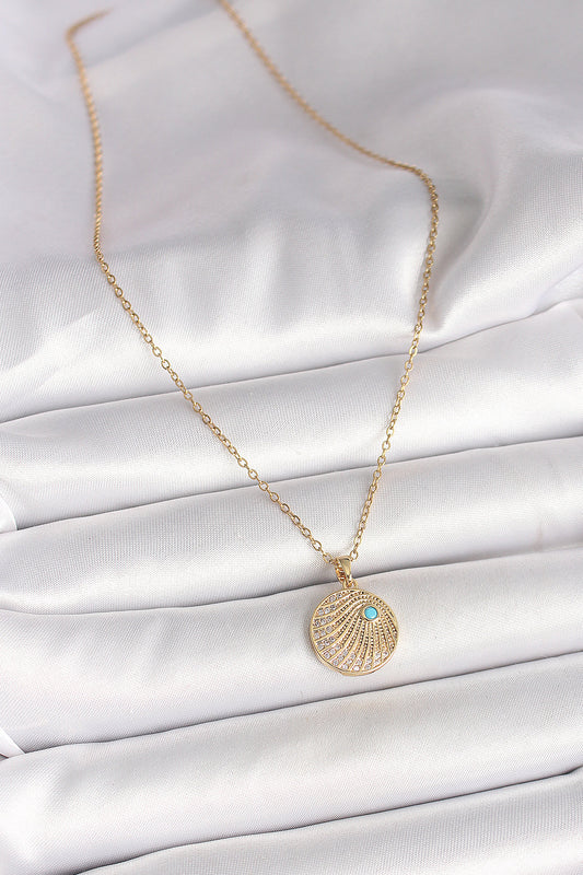 316L Steel Gold Color Chain Zircon Stone Embroidered Blue Stone Detailed Medallion Model Women's Necklace