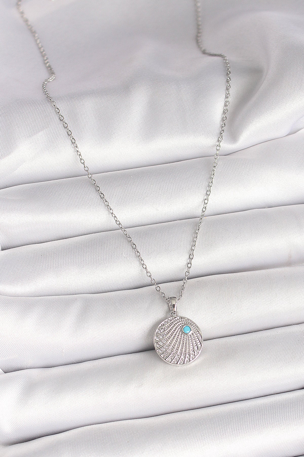 316L Steel Silver Color Chain Zircon Stone Blue Stone Detailed Medallion Model Women's Necklace