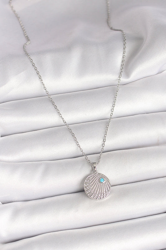 316L Steel Silver Color Chain Zircon Stone Blue Stone Detailed Medallion Model Women's Necklace