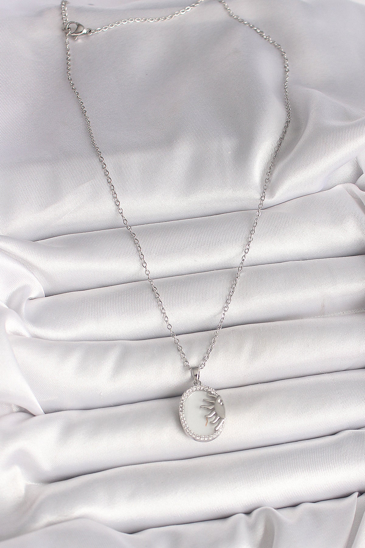 316L Steel Silver Color Chain White Enamel Sunset Model Zircon Stone Detailed Women's Necklace