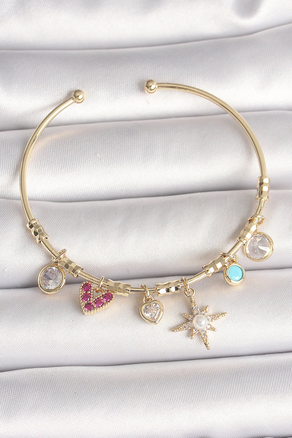 Brass Gold Color Zircon Stone Dangle Pole Star Figure Pearl Detail Charm Women's Bracelet