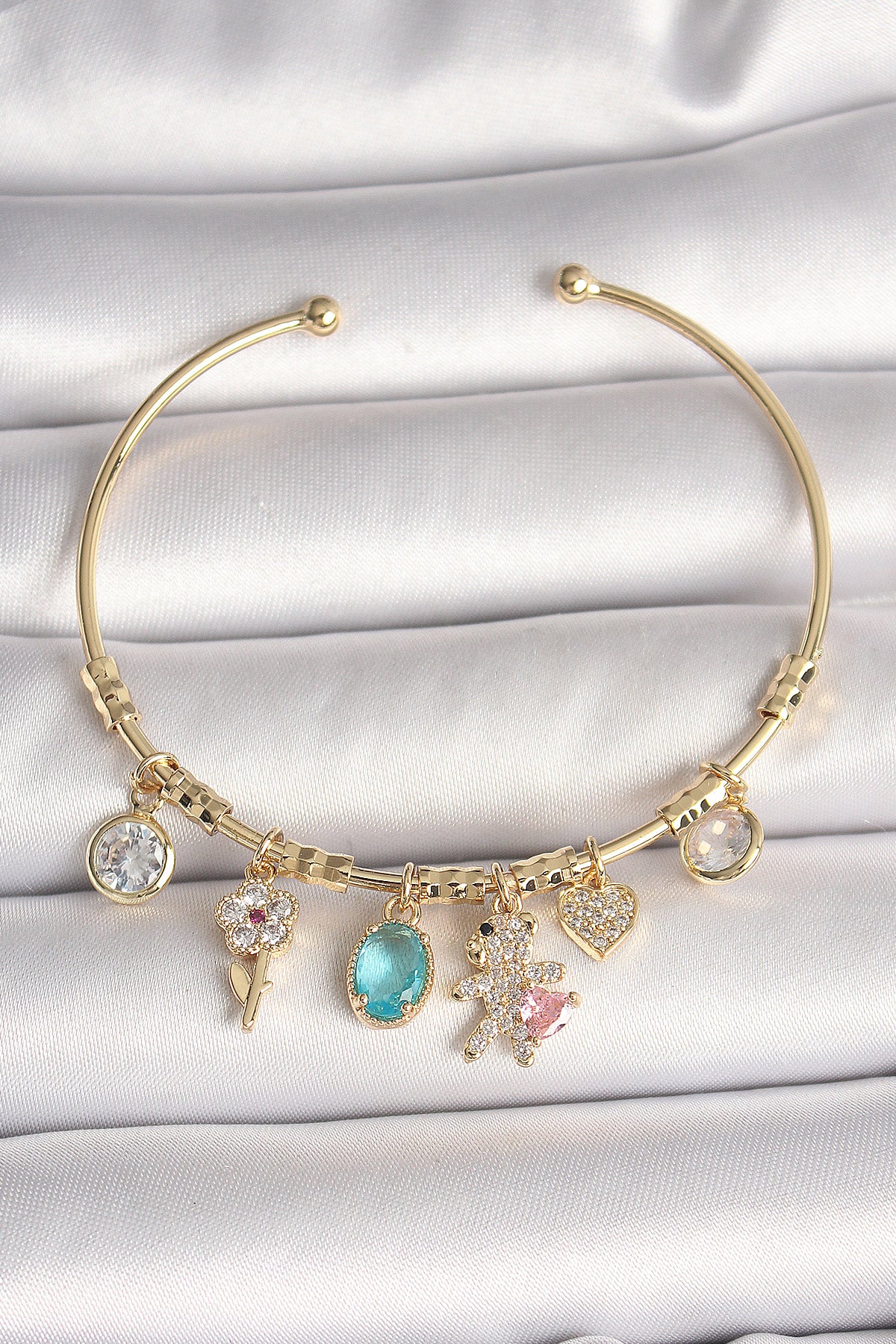 Brass Gold Color Dangle Zircon Stone Teddy Bear Figure Heart Detail Charm Women's Bracelet