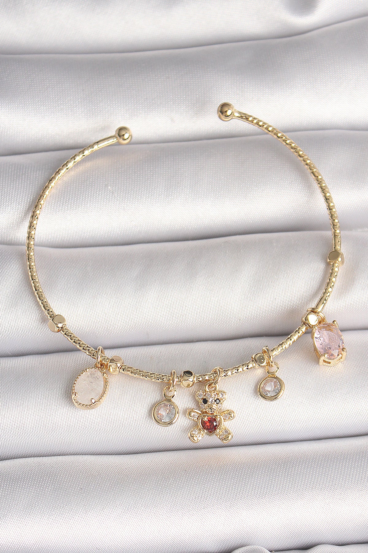 Brass Gold Color Dangle Zircon Stone Teddy Bear Figure Red Heart Detail Charm Women's Bracelet