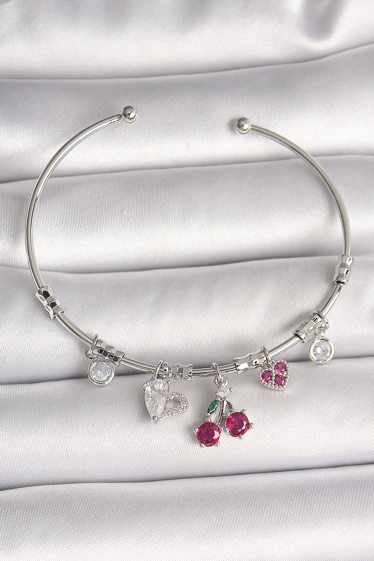 Brass Silver Color Dangle Cherry Figure Heart Detail Charm Women's Bracelet