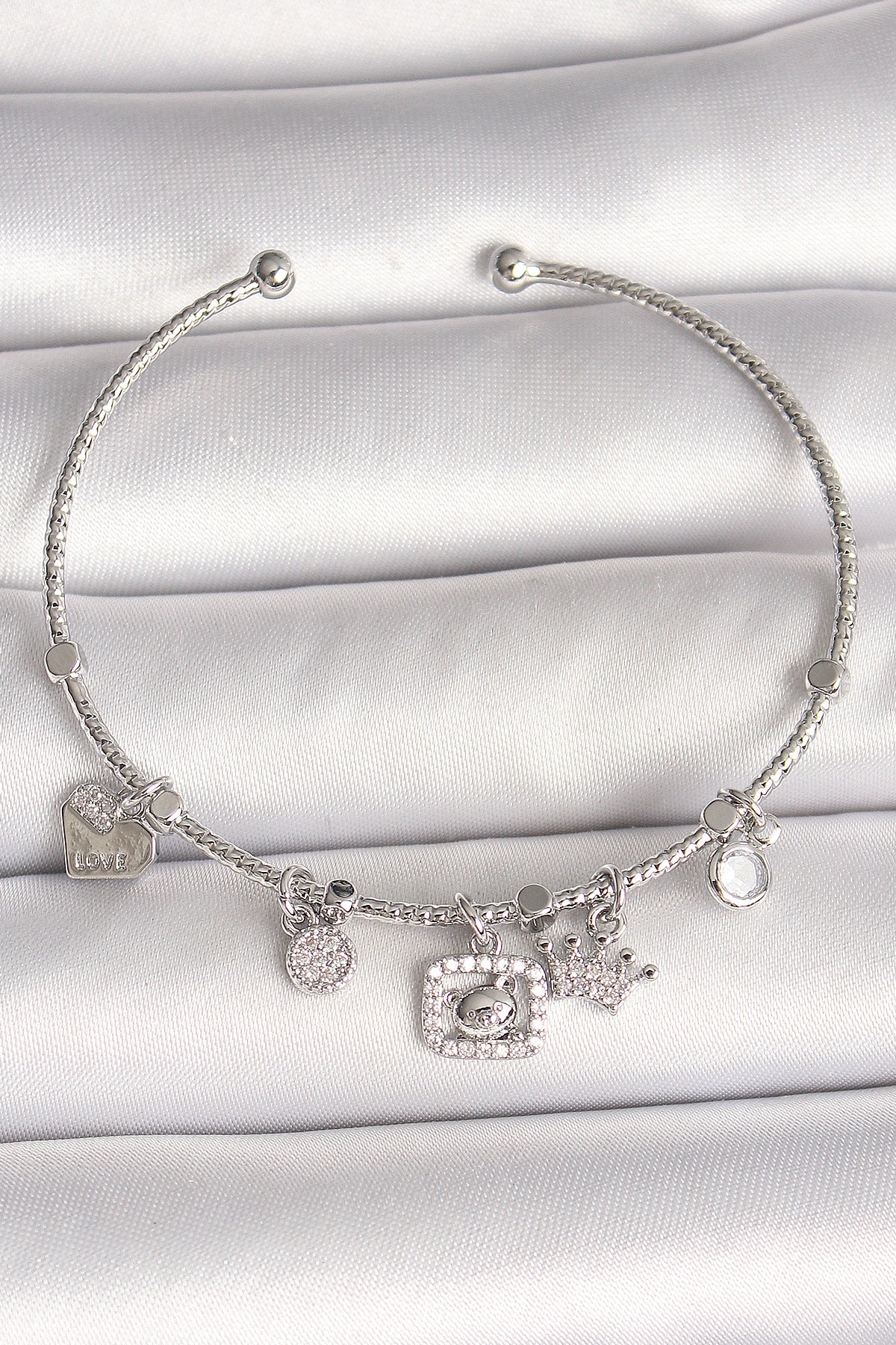 Brass Silver Color Dangle Zircon Stone Teddy Bear Figure Crown Detail Charm Women's Bracelet