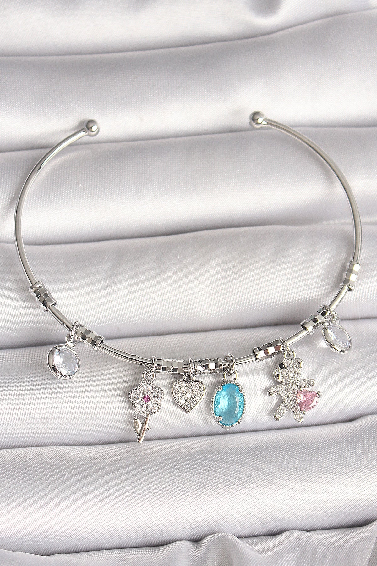 Brass Silver Color Dangle Zircon Stone Teddy Bear Figure Flower Detail Charm Women's Bracelet