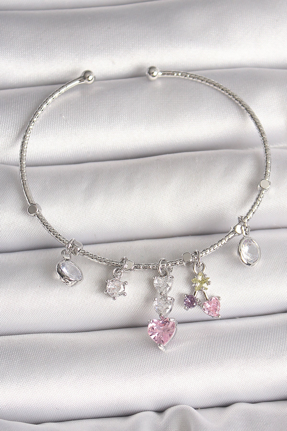 Brass Silver Color Dangle Zircon Stone Heart Figure Charm Women's Bracelet