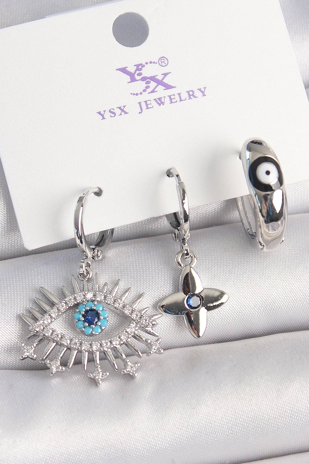Brass Silver Color Zircon Stone Eye Model Evil Eye Bead Detail 3-Piece Women's Combination Earrings