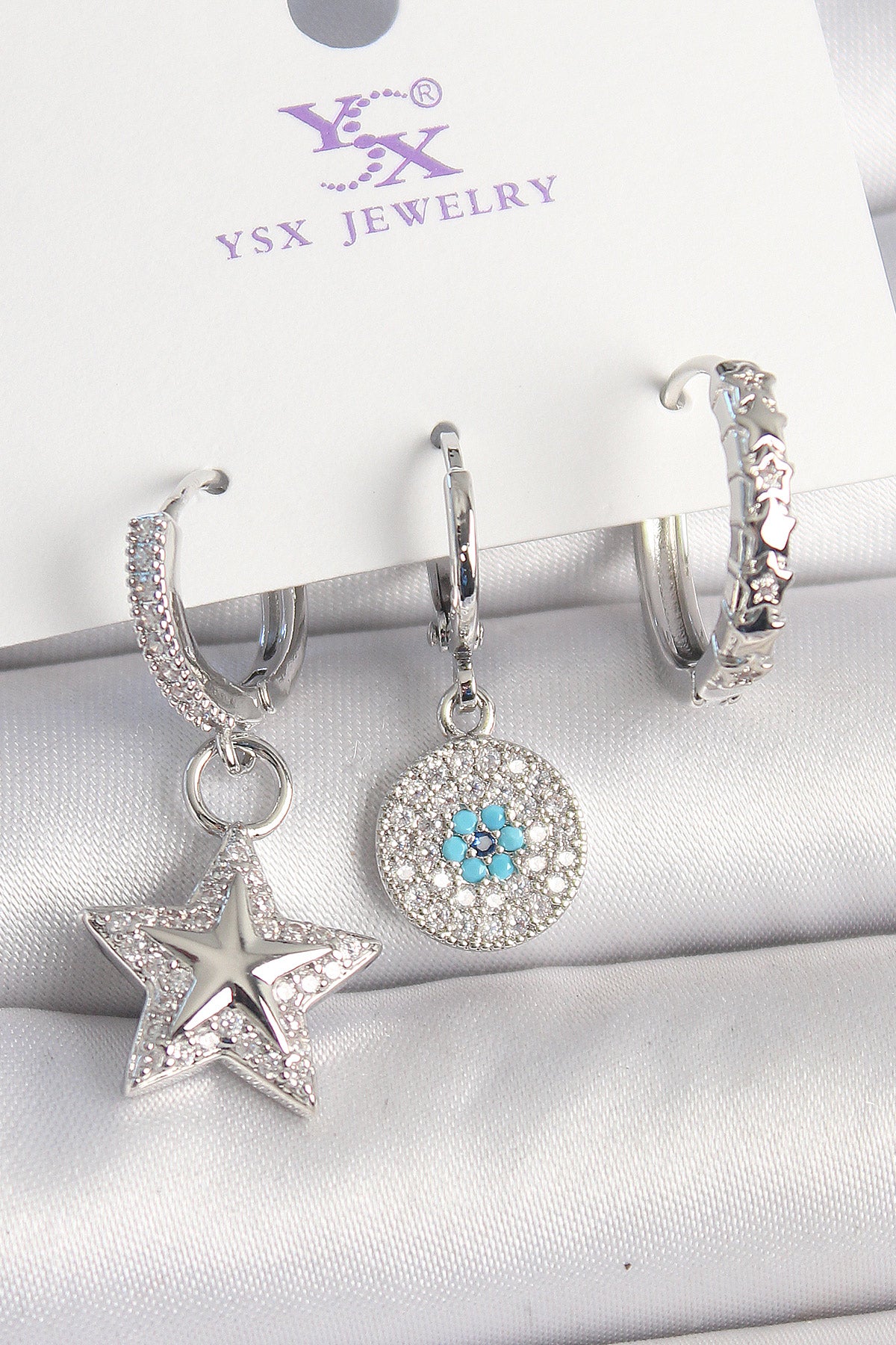 Brass Gold Color Zircon Stone Star Model Evil Eye Bead Detail 3-Piece Women's Combination Earrings