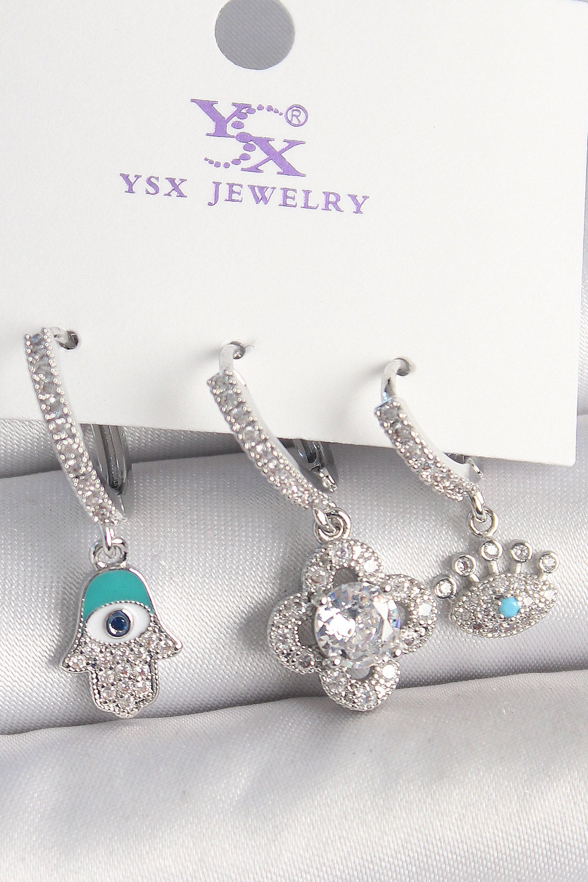 Brass Silver Color Zircon Stone Fatma Ana Clover Figure Eye Detail 3-Piece Women's Combination Earrings