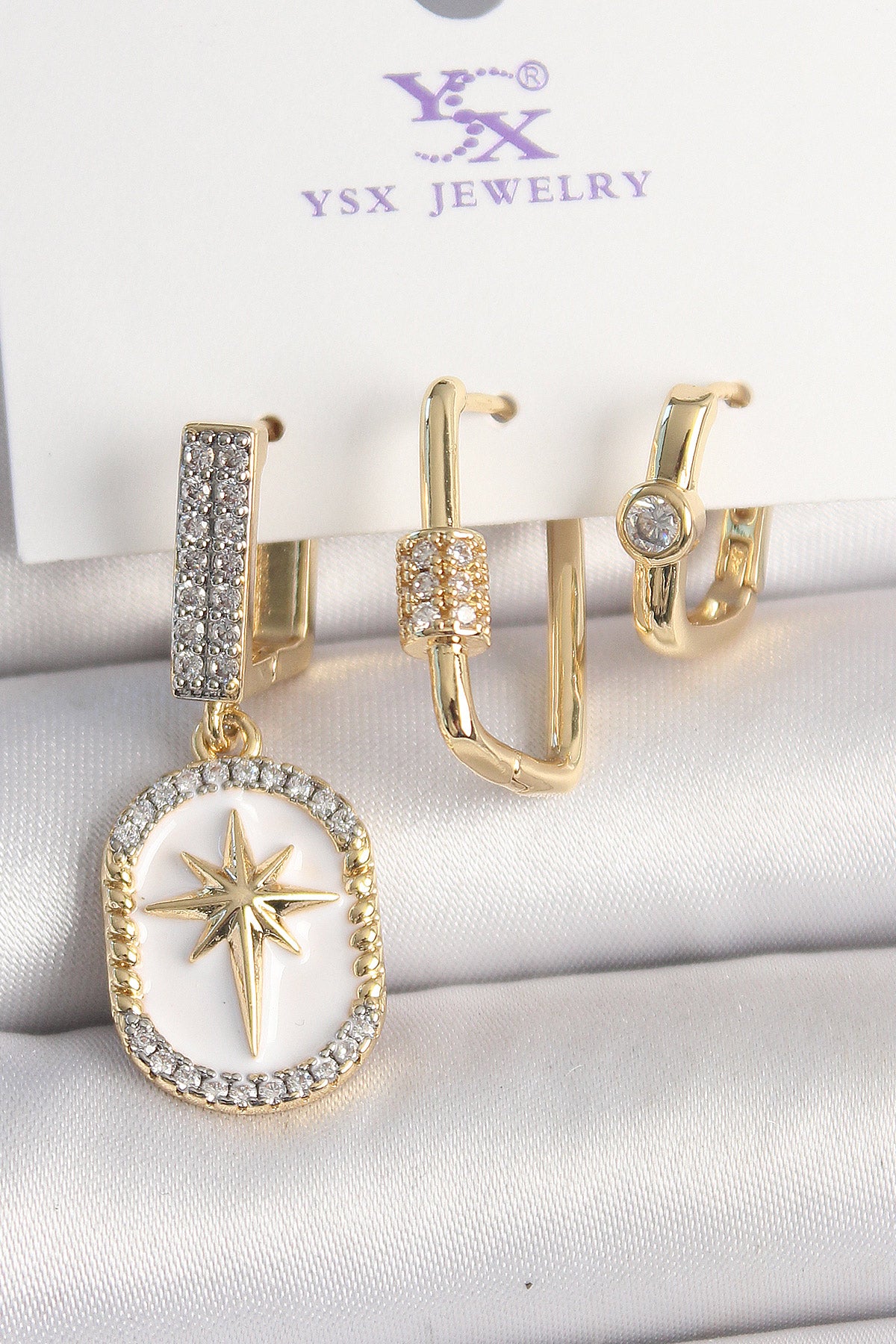 Brass Gold Color Dangle Zircon Stone Embroidered Star Portrait Model 3-Piece Women's Combination Earrings