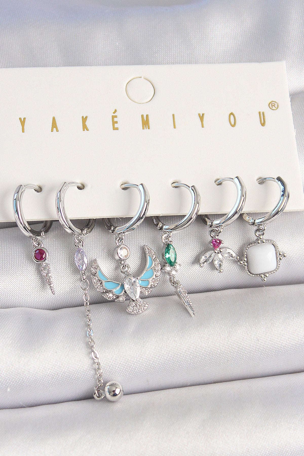 Brass Silver Color Zircon Stone Bird Figure Flower Detail 6-Piece Women's Combination Earrings