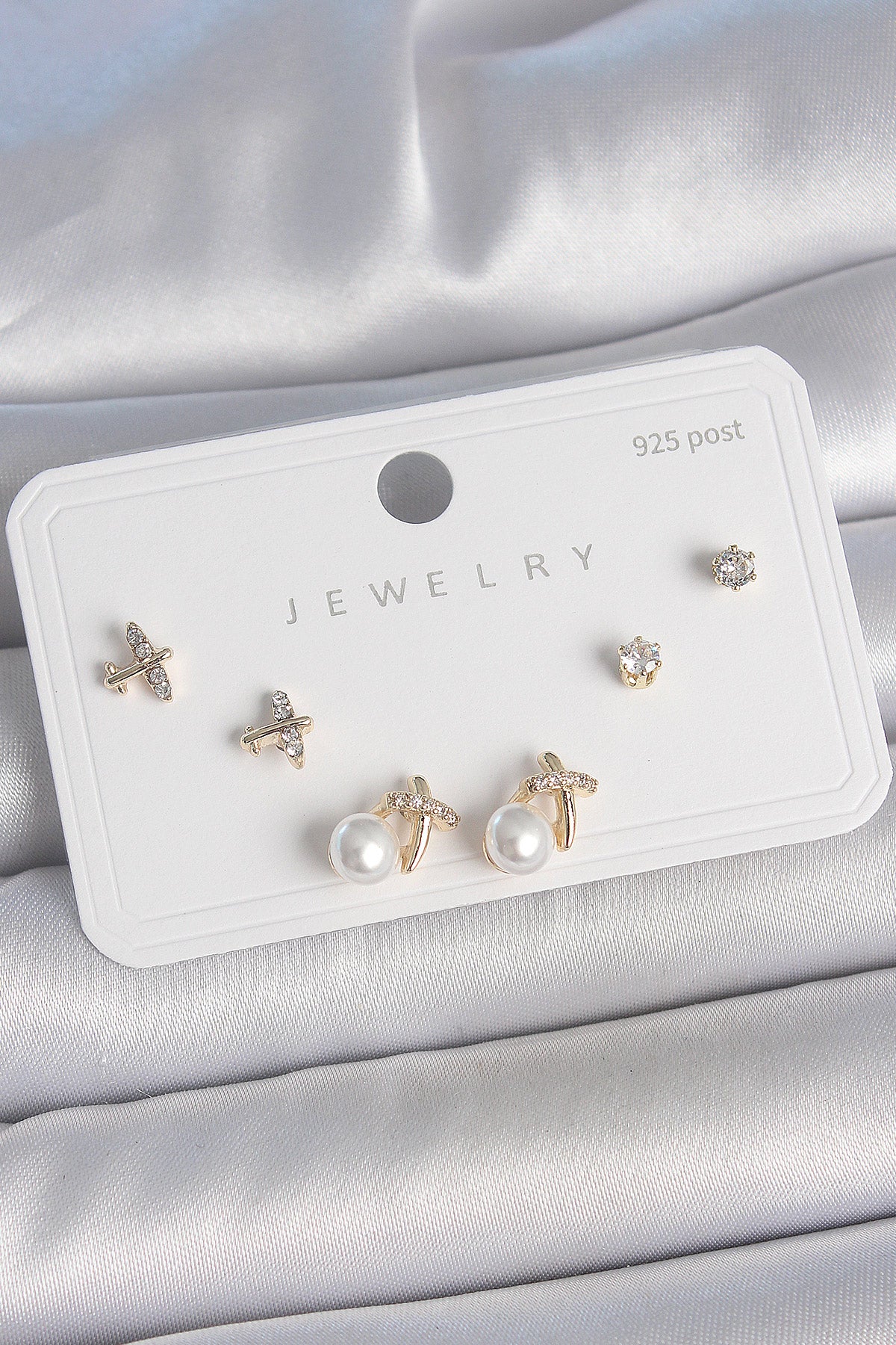 Brass Gold Color Zircon Stone Butterfly Model Pearl Detail 925 Sterling Silver Stud Women's Earring Set