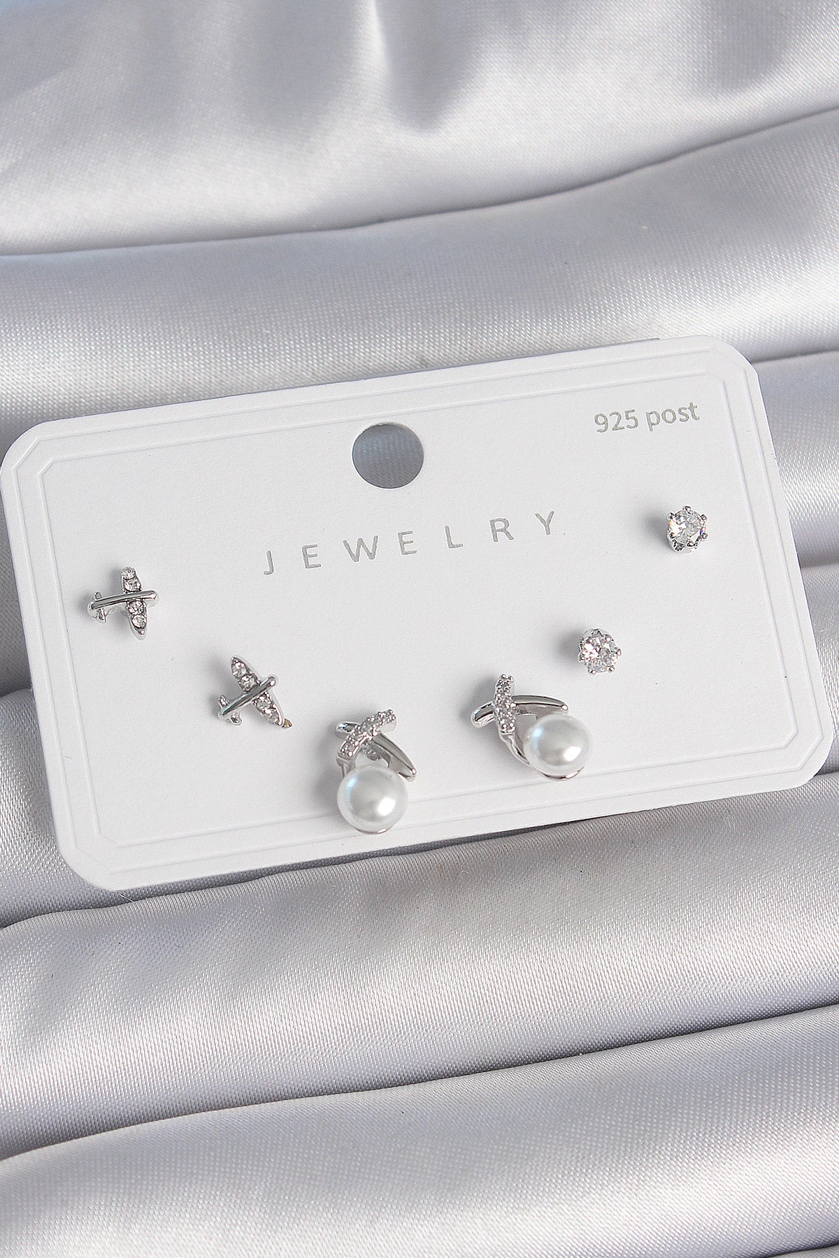 Brass Silver Color Zircon Stone Butterfly Model Pearl Detail 925 Sterling Silver Nail Women's Earring Set