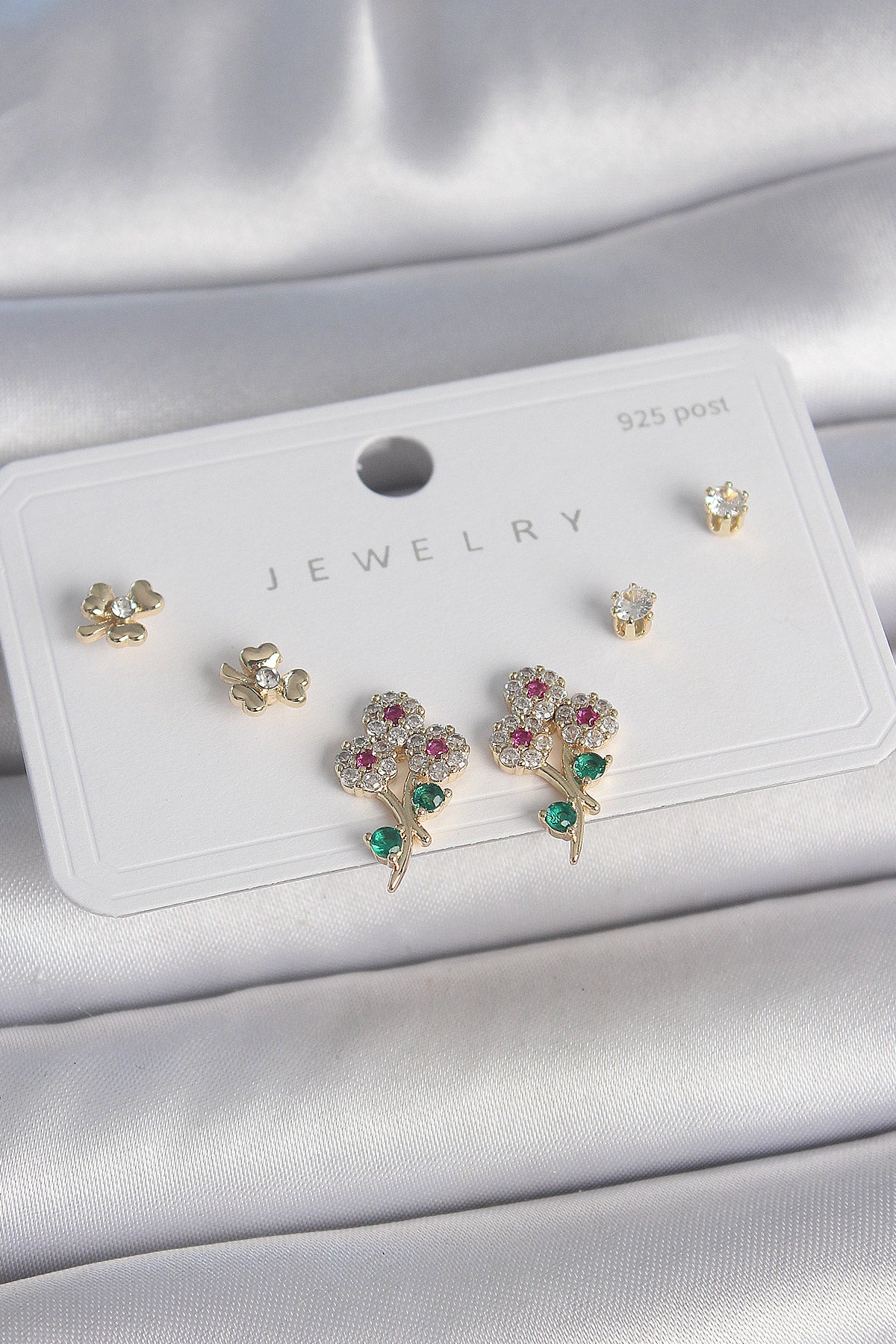 Brass Gold Color Colorful Zircon Stone Flower Model Leaf Detail 925 Sterling Silver Nail Women's Earring Set