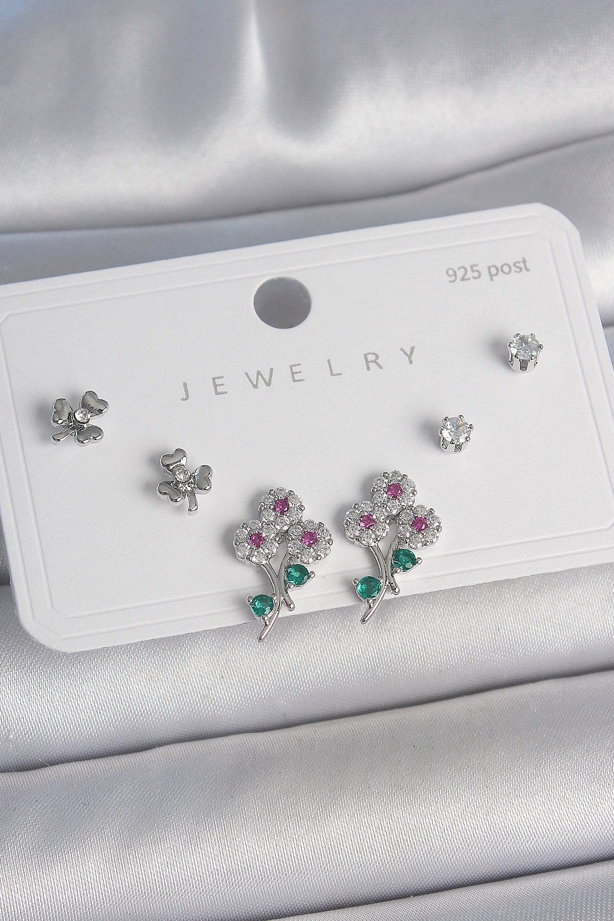 Brass Silver Color Colorful Zircon Stone Flower Model Leaf Detail 925 Sterling Silver Nail Women's Earring Set