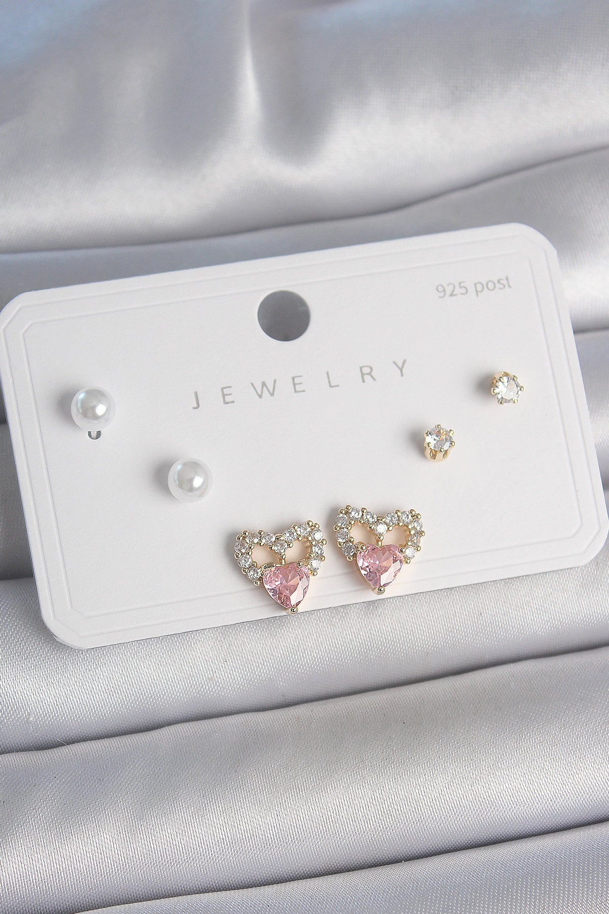 Brass Gold Color Pink Zircon Stone Heart Model Pearl Detail 925 Sterling Women's Earring Set