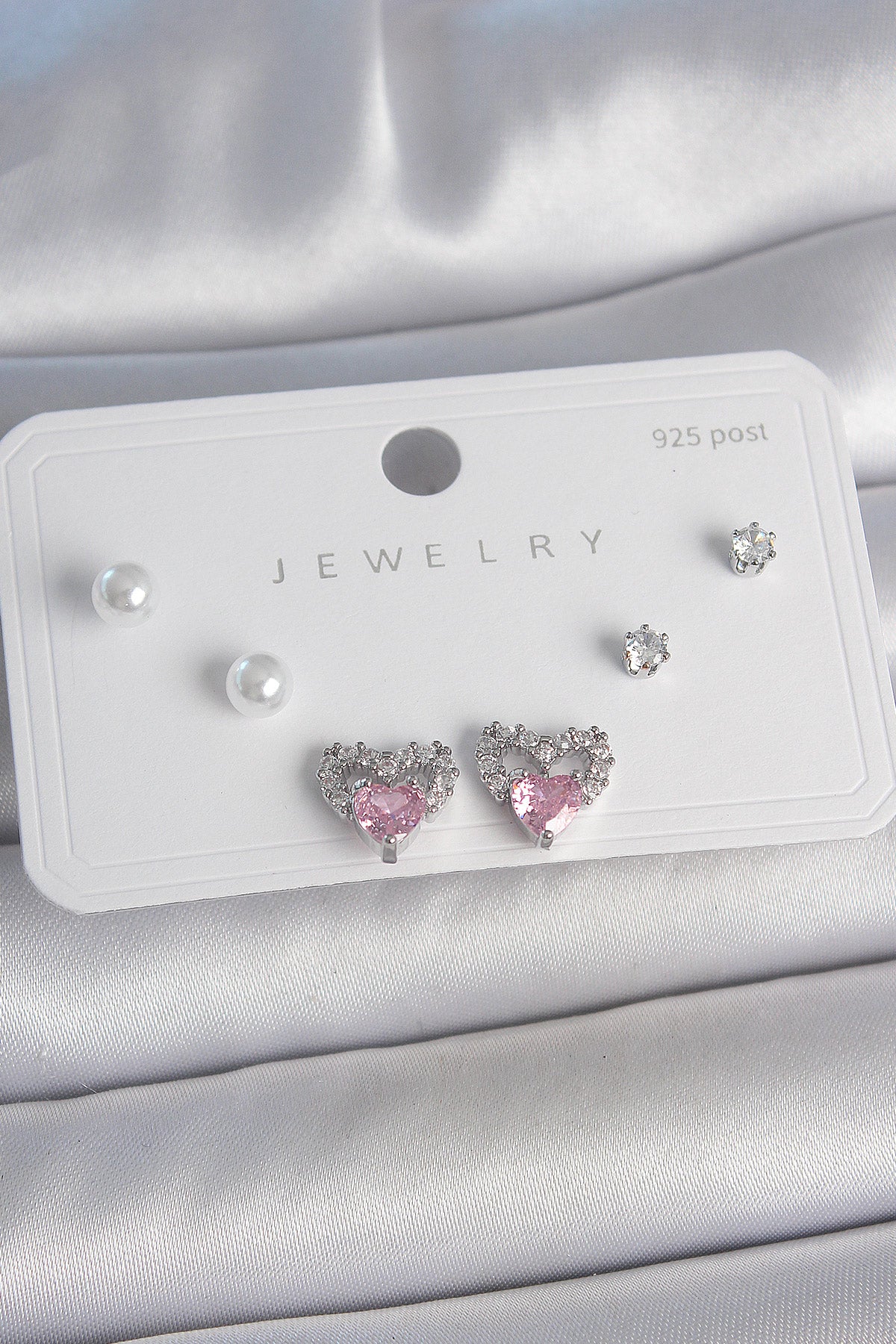 Brass Silver Color Pink Zircon Stone Heart Model Pearl Detail 925 Sterling Silver Stud Women's Earring Set