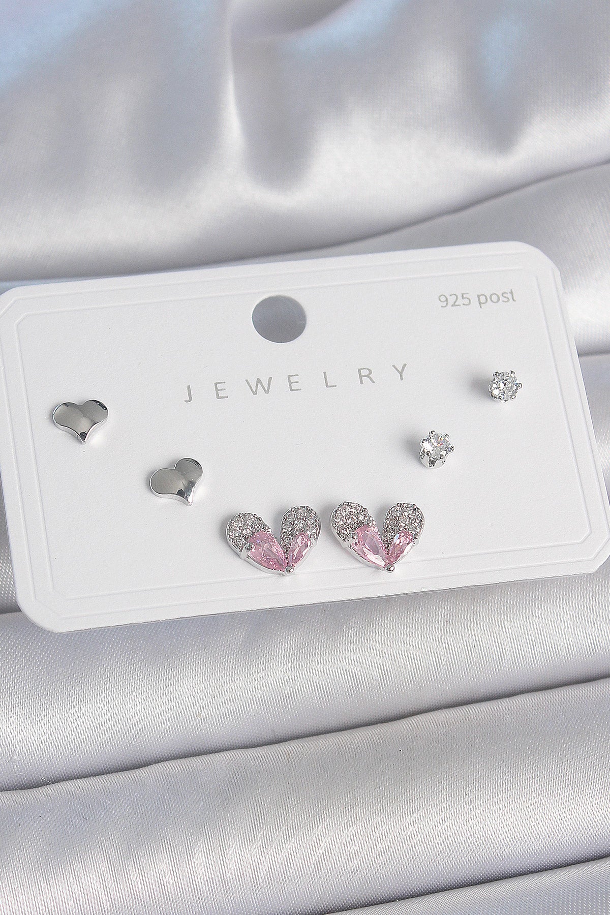 Brass Silver Color Pink Zircon Stone Heart Model 925 Sterling Silver Stud Women's Earring Set