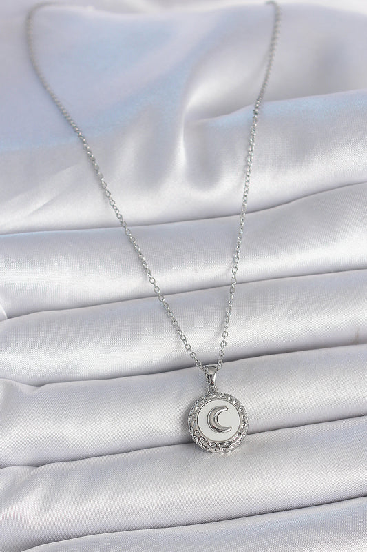 316L Steel Silver Color Chain White Enameled Crescent Embroidered Medallion Model Women's Necklace