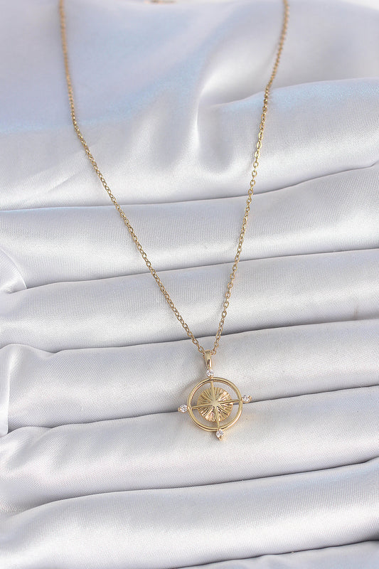 316L Steel Gold Color Chain Zircon Stone Compass Model Women's Necklace