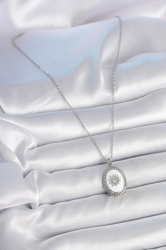 316L Steel Silver Color White Enamel Sun Embroidered Evil Eye Bead Detail Medallion Model Women's Necklace