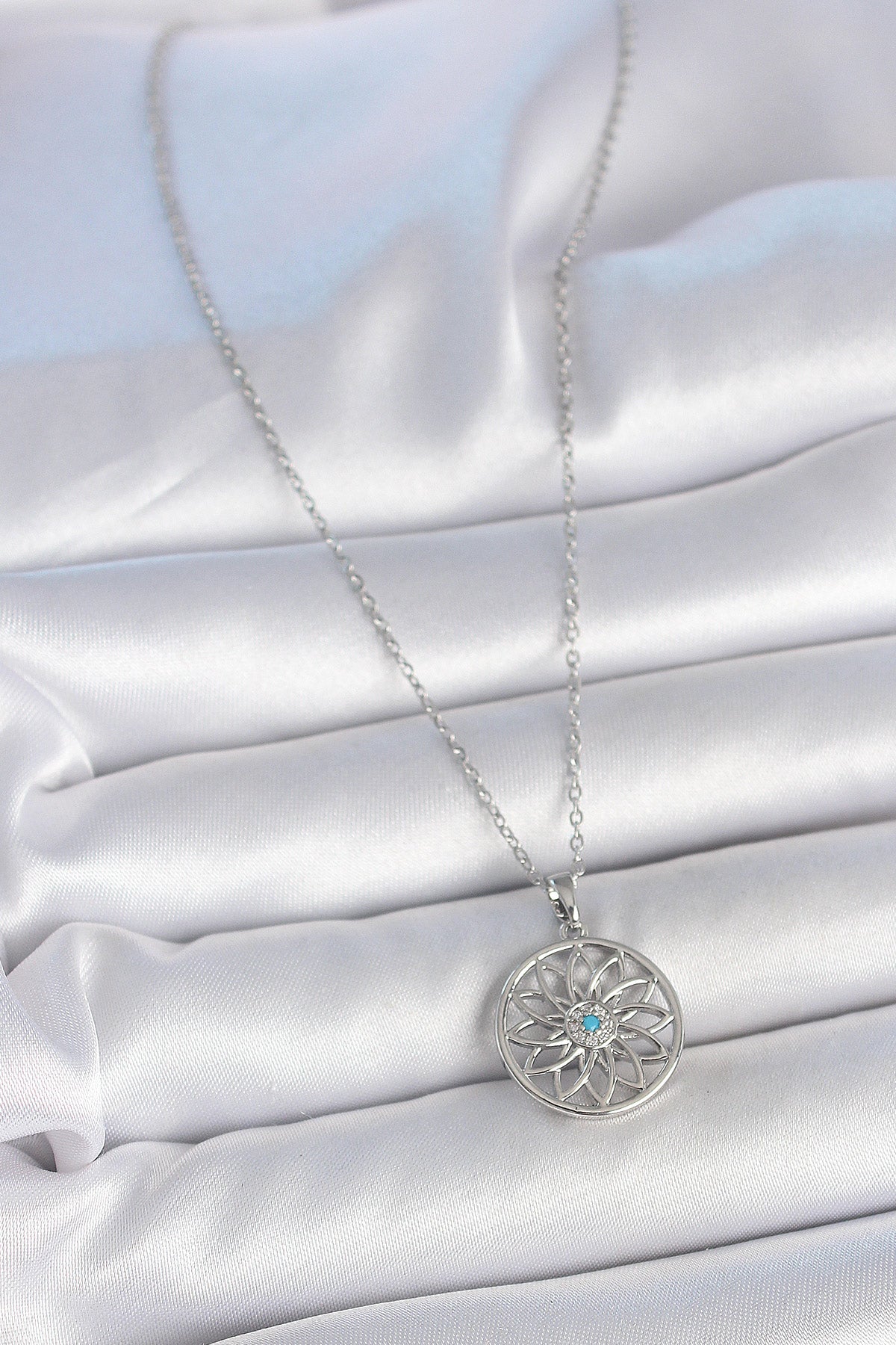 316L Steel Silver Color Chain Blue Stone Lotus Model Women's Necklace
