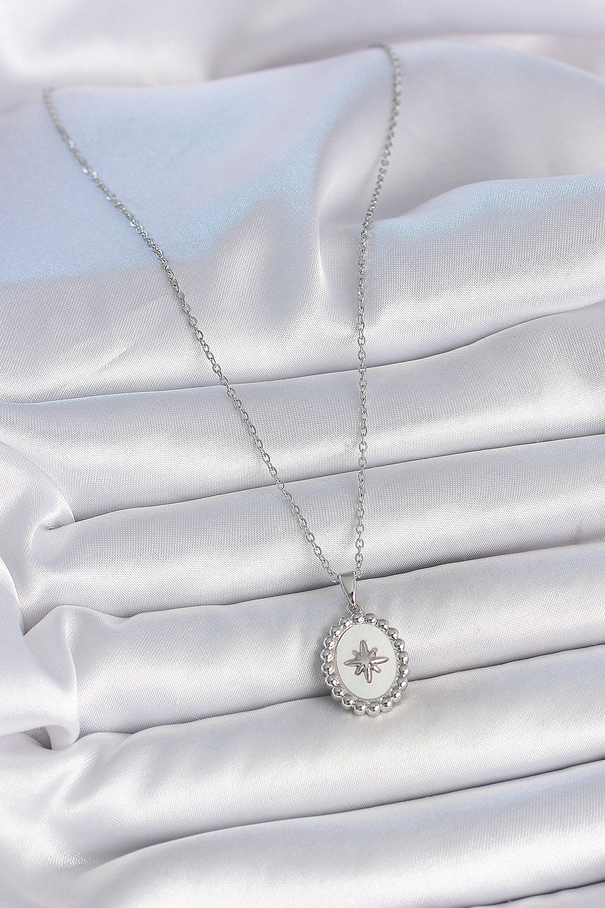316L Stainless Steel Silver-Tone White North Star Medallion Women's Necklace with Enamel Detail