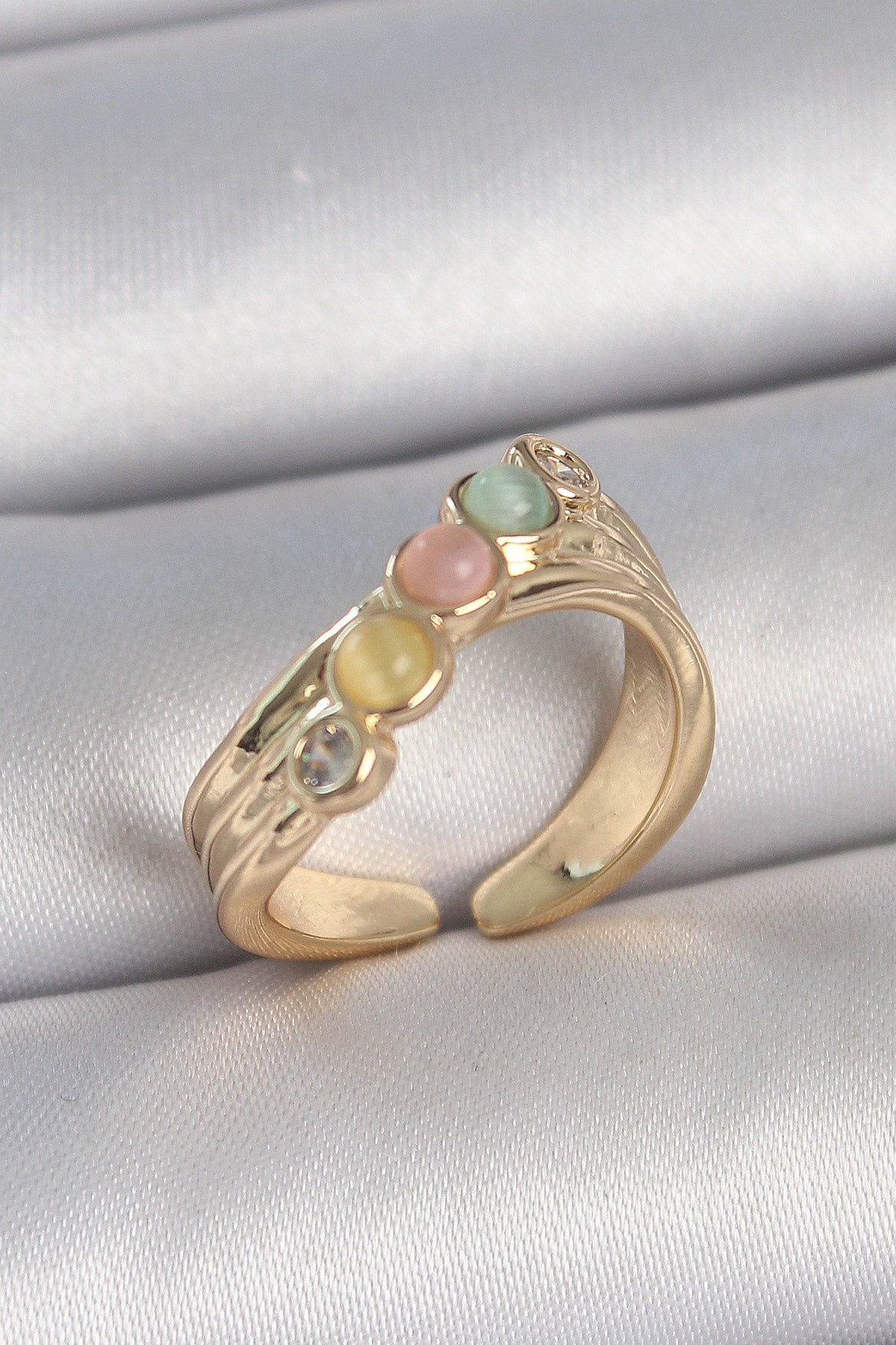 Brass Gold Color Zircon Stone Detailed Mixed Enamel Adjustable Women's Ring