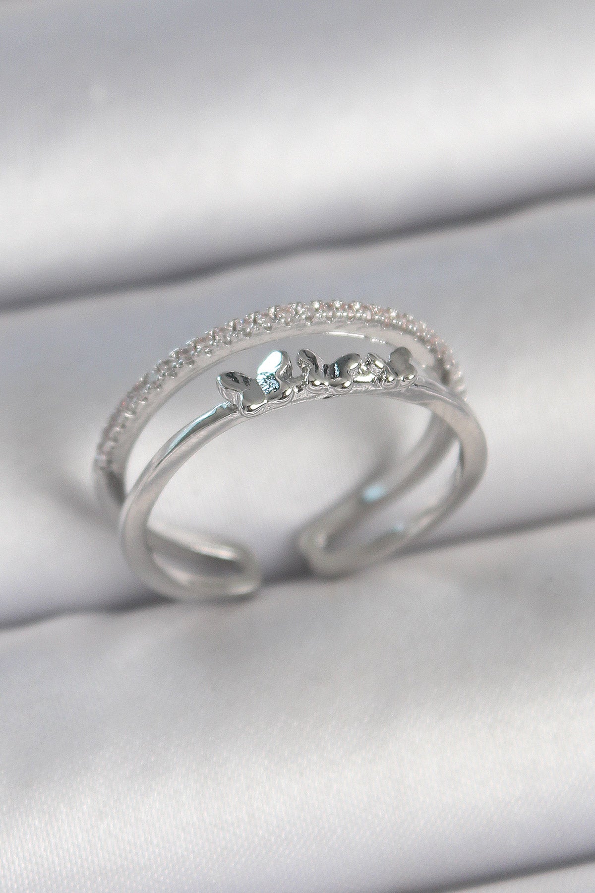 Brass Silver Color 2-Piece Zircon Stone Detailed Butterfly Figure Adjustable Model Women's Ring