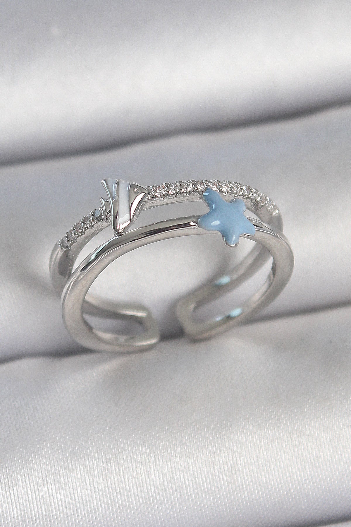 Brass Silver Color 2-Piece Zircon Stone Blue Star Figure Adjustable Women's Ring