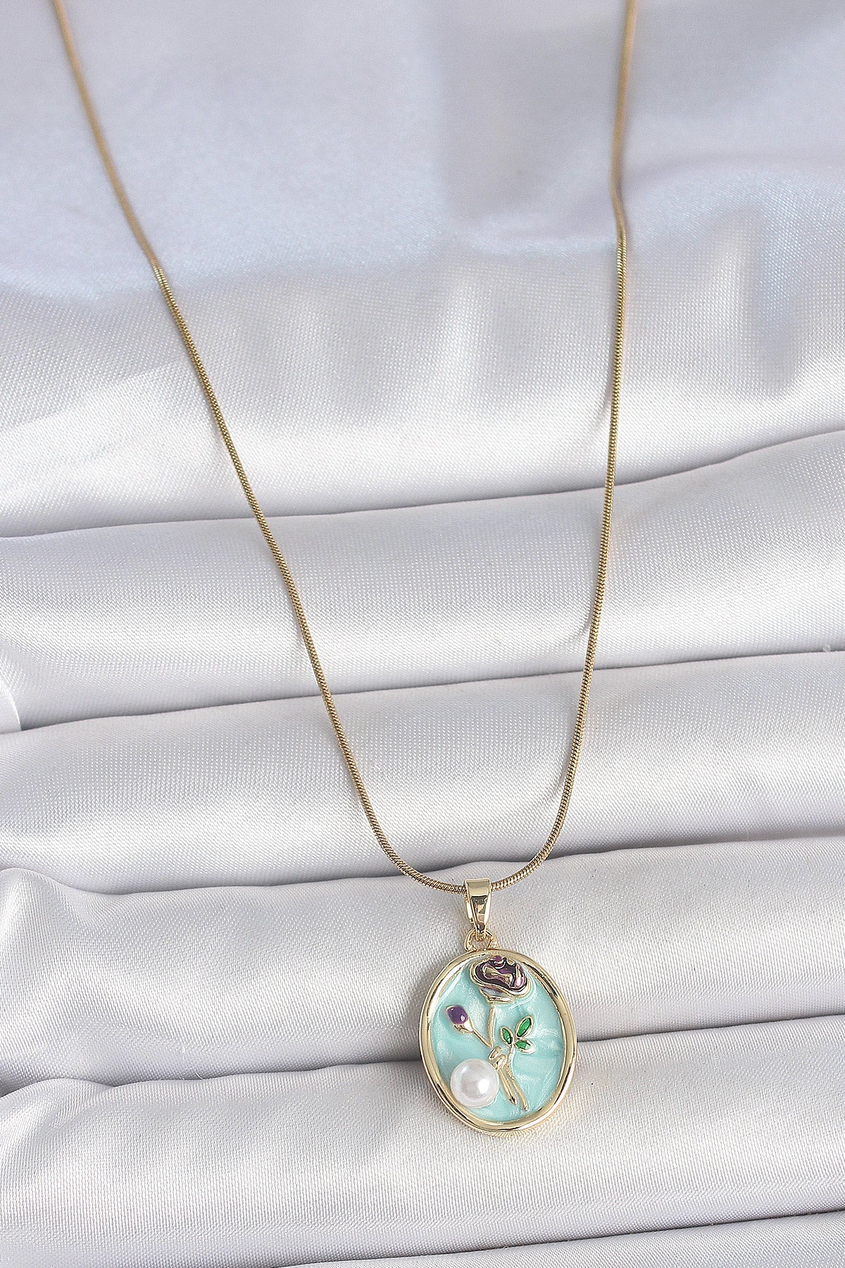 316L Stainless Steel Gold-Tone Blue Flower Artistic Portrait Women's Necklace with Pearl Detail