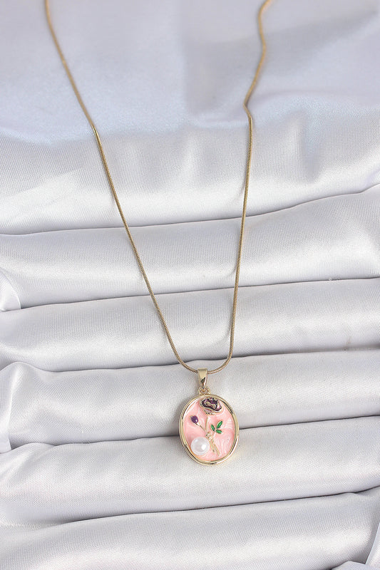 316L Stainless Steel Gold-Tone Pink Flower Artistic Portrait Women's Necklace with Pearl Detail