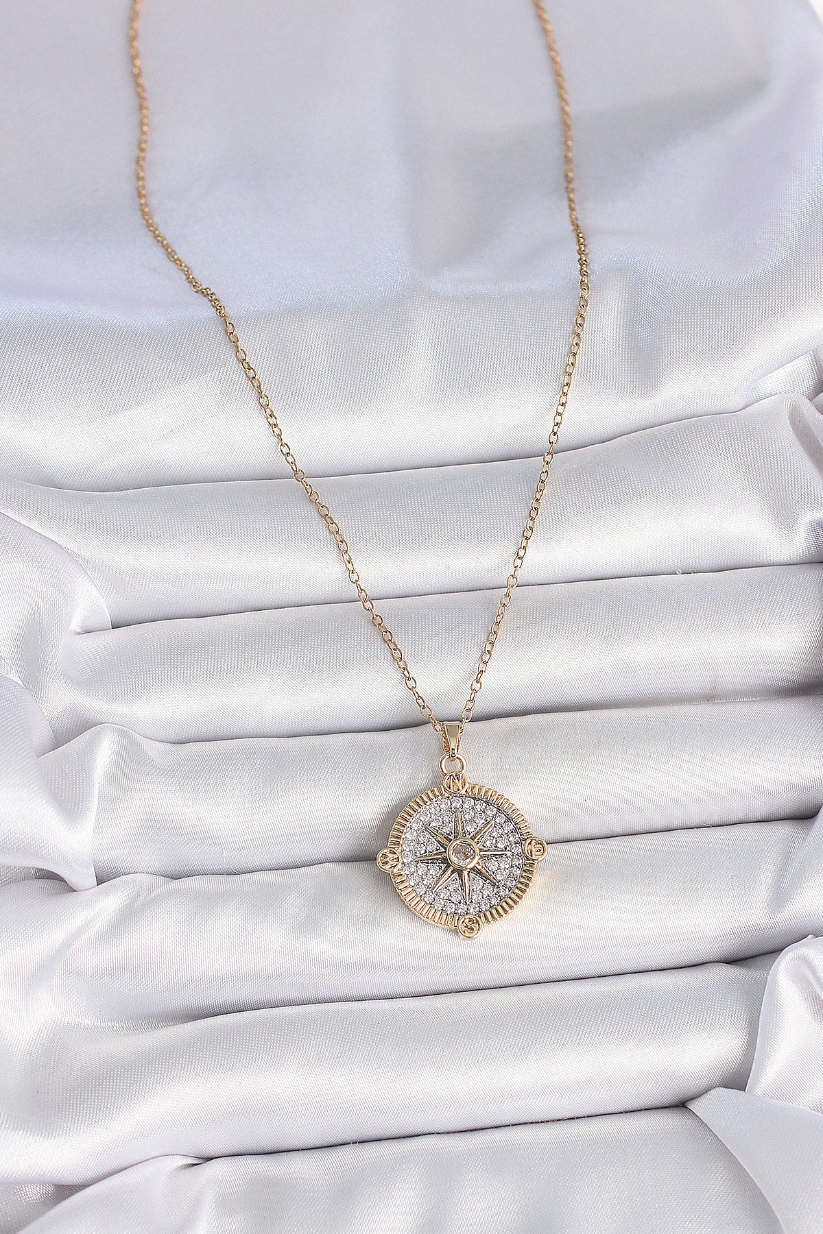 316L Stainless Steel Gold-Tone Compass Women's Necklace with Zircon Detail
