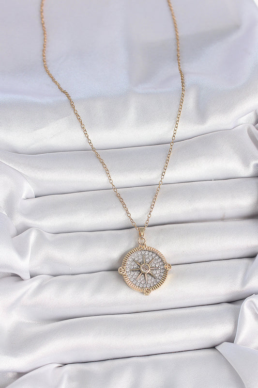 316L Stainless Steel Gold-Tone Compass Women's Necklace with Zircon Detail