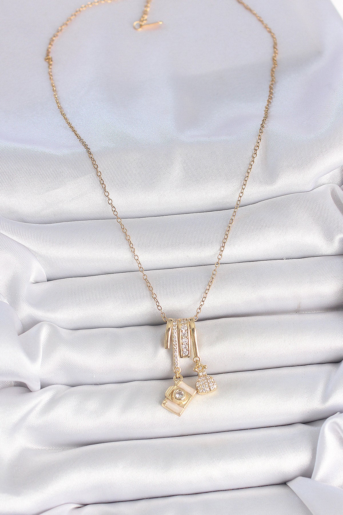 316L Stainless Steel Gold-Tone Camera Dangle Women's Necklace with Zircon Detail