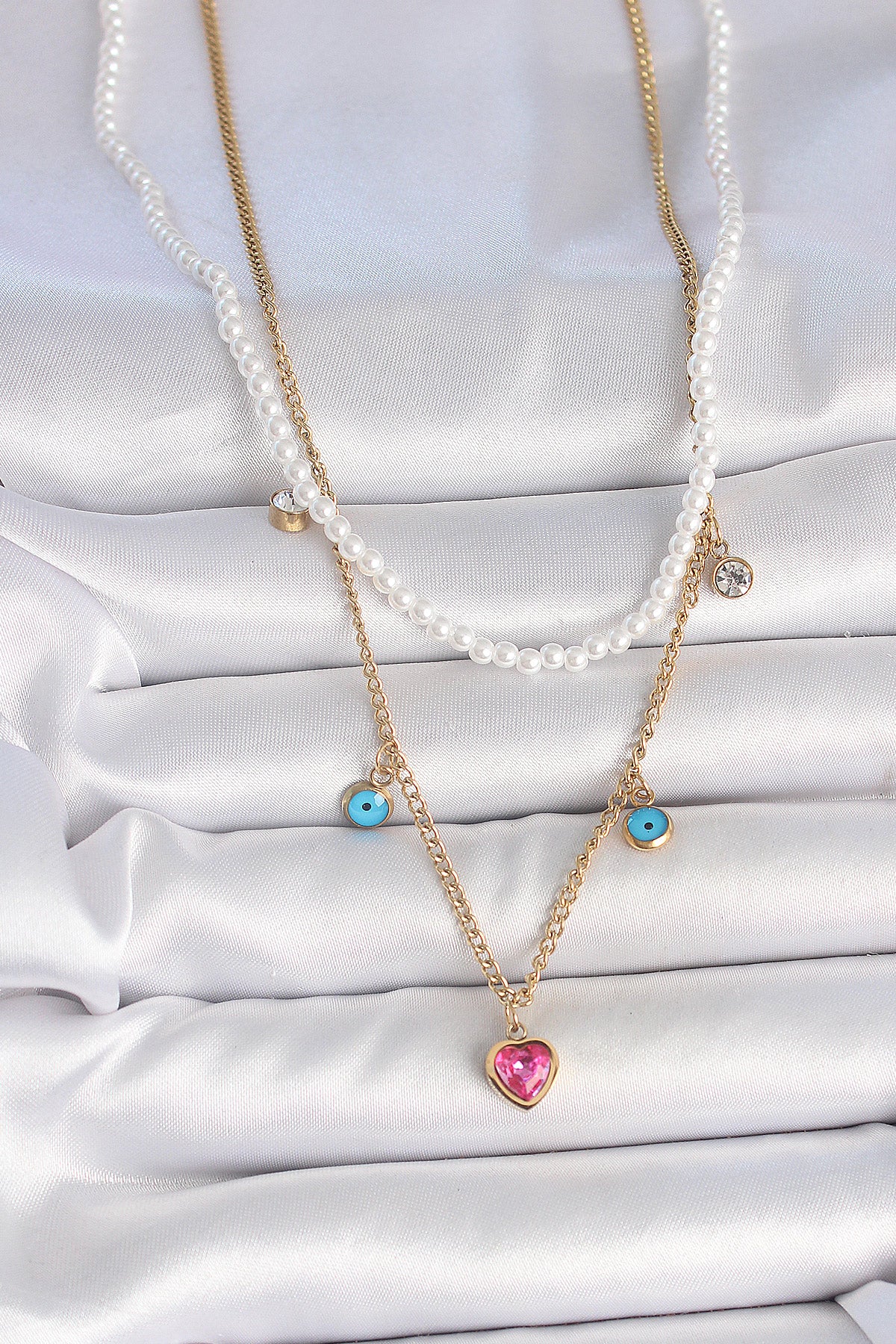 316L Çelik Gold Renk 2'Li İnci Zincir Model Pembe Taşlı Kalp Figür Nazar Boncuk Detay Kadın Kolye